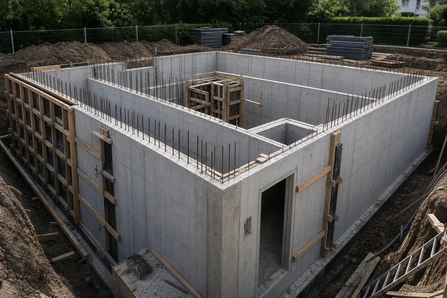 Individueller Schutzraum in Massivbauweise auf einer Baustelle, Betonwände entstehen vor Ort