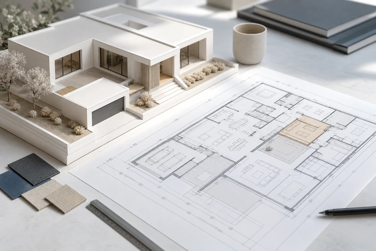 Architektur-Modell und Bauplan eines Neubaus mit eingezeichnetem Schutzraum